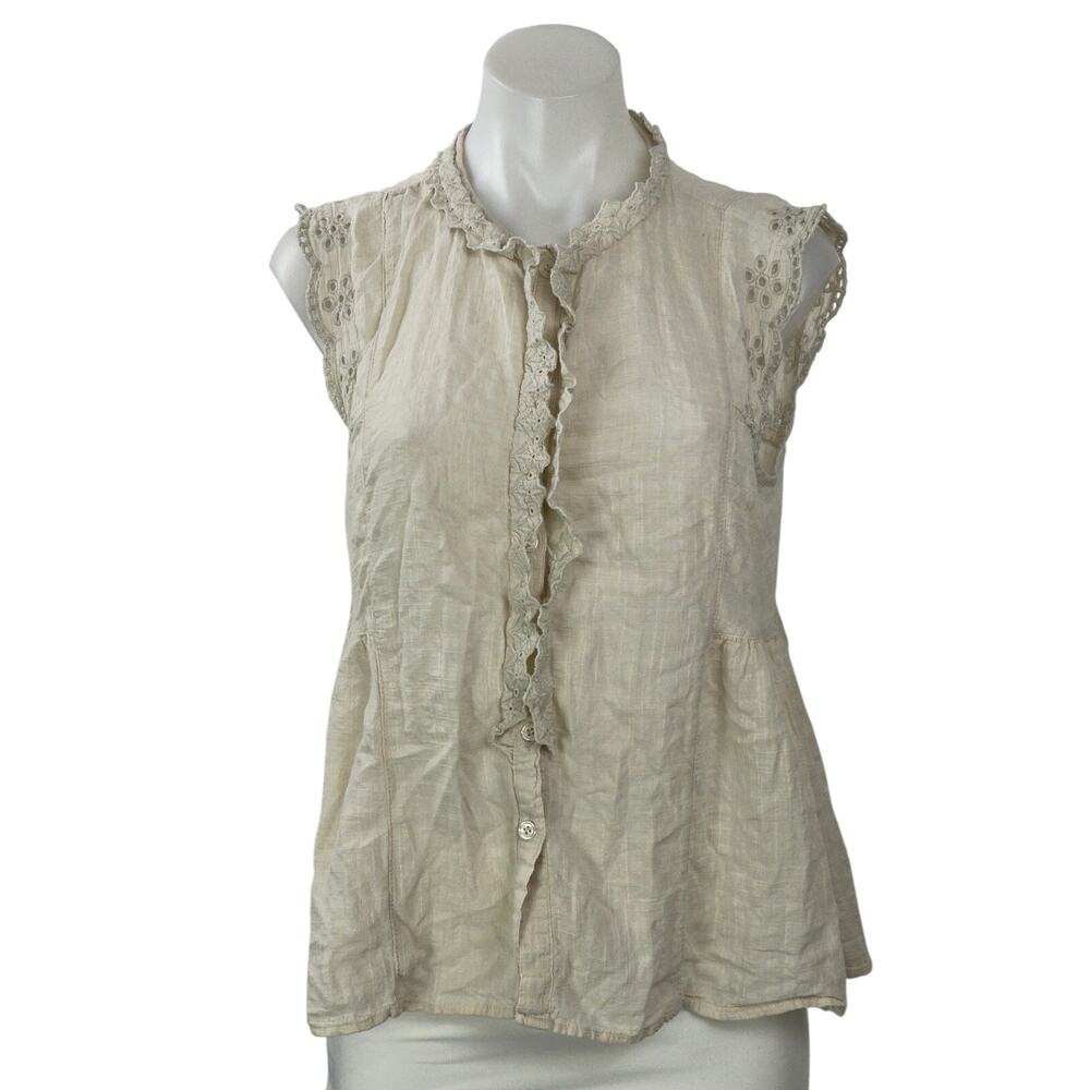 Max Studio Women's Beige Sleeveless Ruffles Crochet Button Front Blouse Top Sz M
